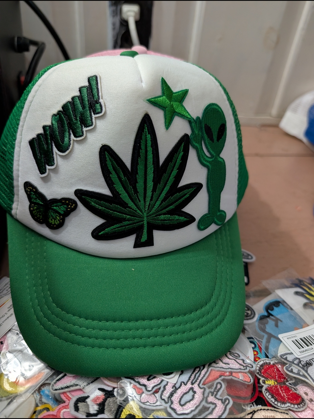 Green Patch Trucker Hat with Leaf & Alien Patches